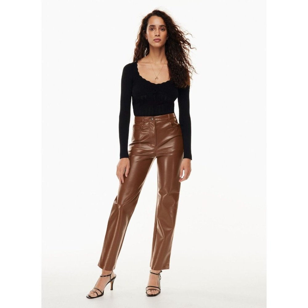 NWOT Aritzia WILFRED Melina Cognac Brown Vegan Leather Trousers Pants, Size 6